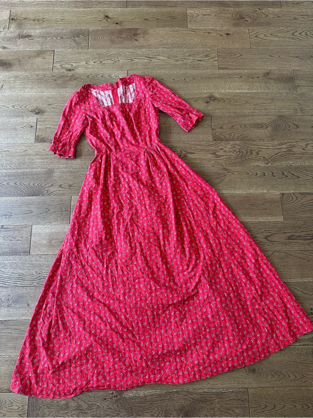 VINTAGE COTTON RED FLORAL MAXI DRESS COTTAGE CORE